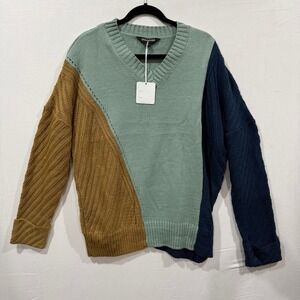 Davi & Dani Colorblock V Neck Sweater 1XL Oversized Knit Casual Warm